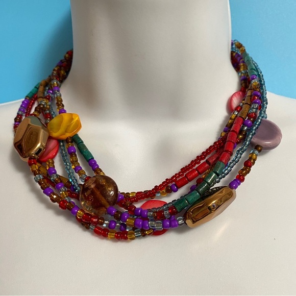 Seed Bead Multi Strand Red Gold Purple Glass Beads Wood Beads Colorful Necklace - Picture 7 of 9